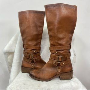 Kork ease Tyler Equestrian strappy buckle moto chestnut leather boots. Size 7